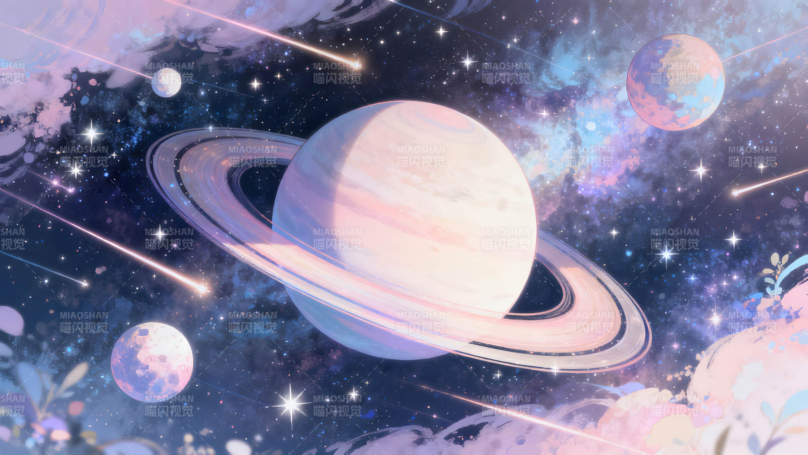 梦幻星空行星环绕流星划过-图片