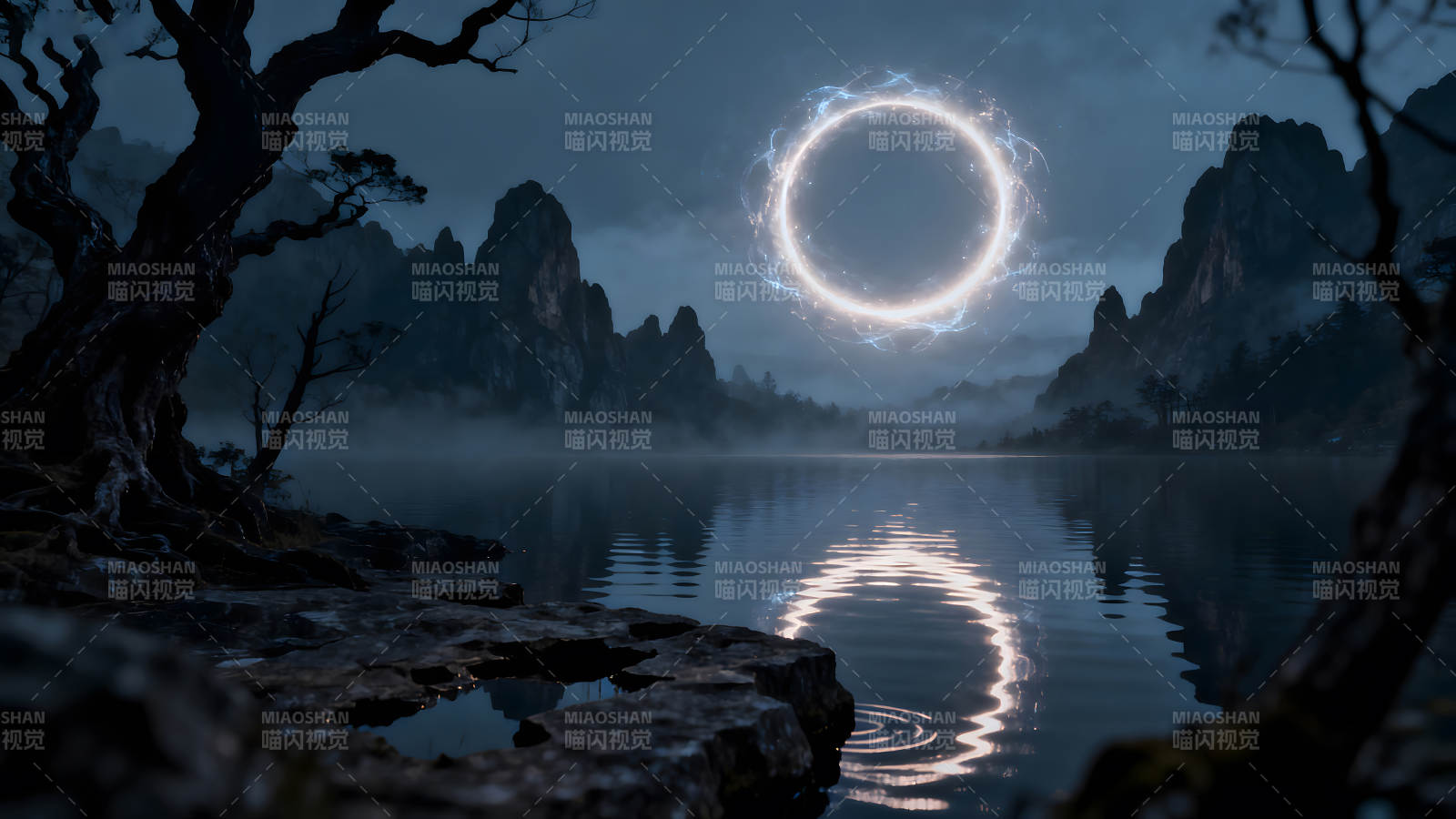 湖泊奇景光环倒影山峦树木-图片