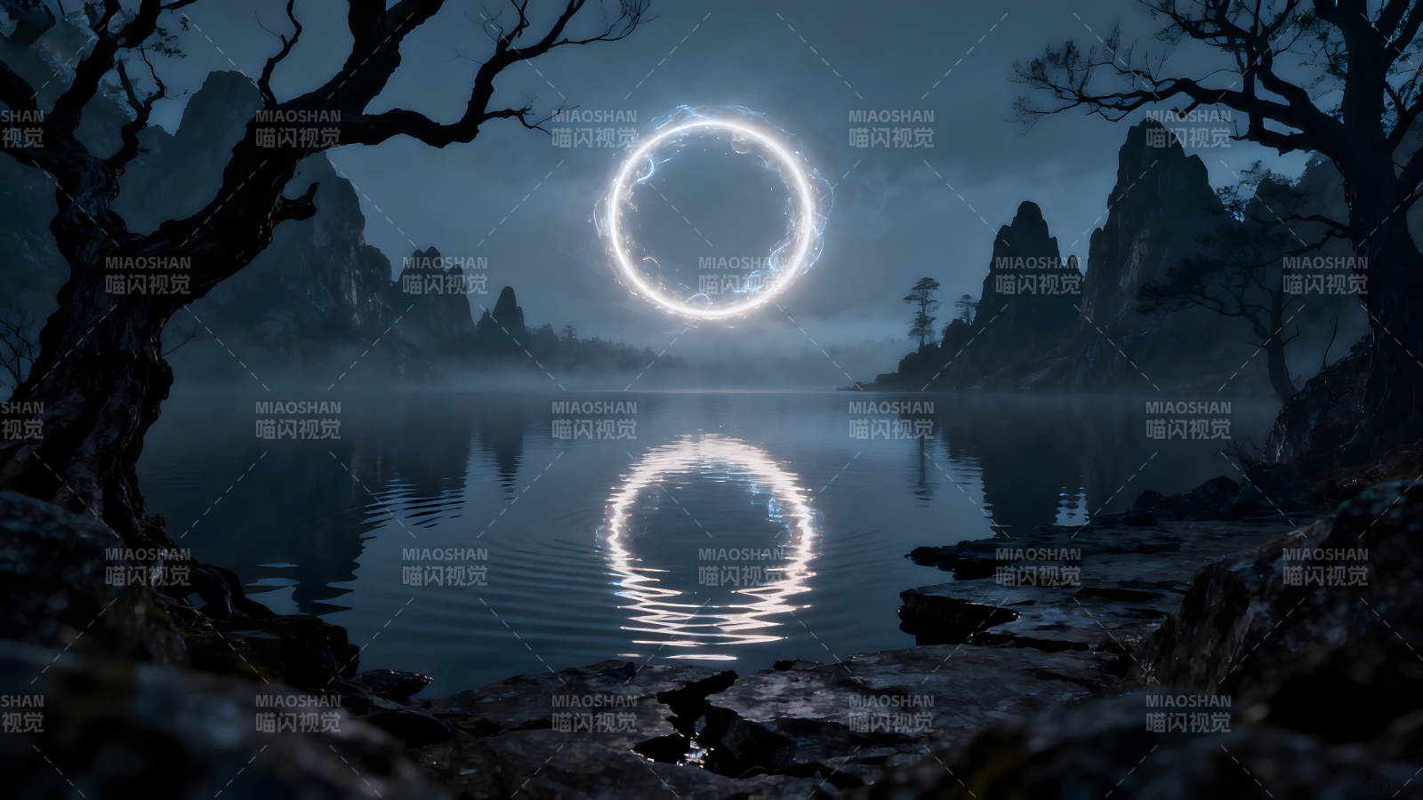 湖泊光环奇幻场景-图片