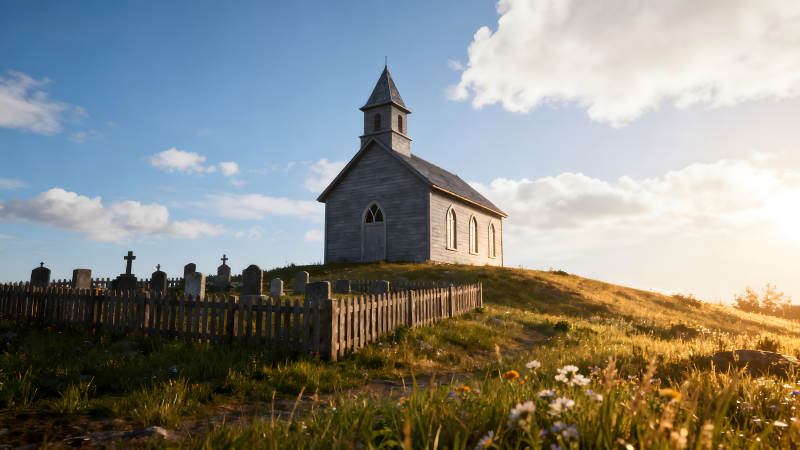 教堂墓地藍天白云陽光-圖片