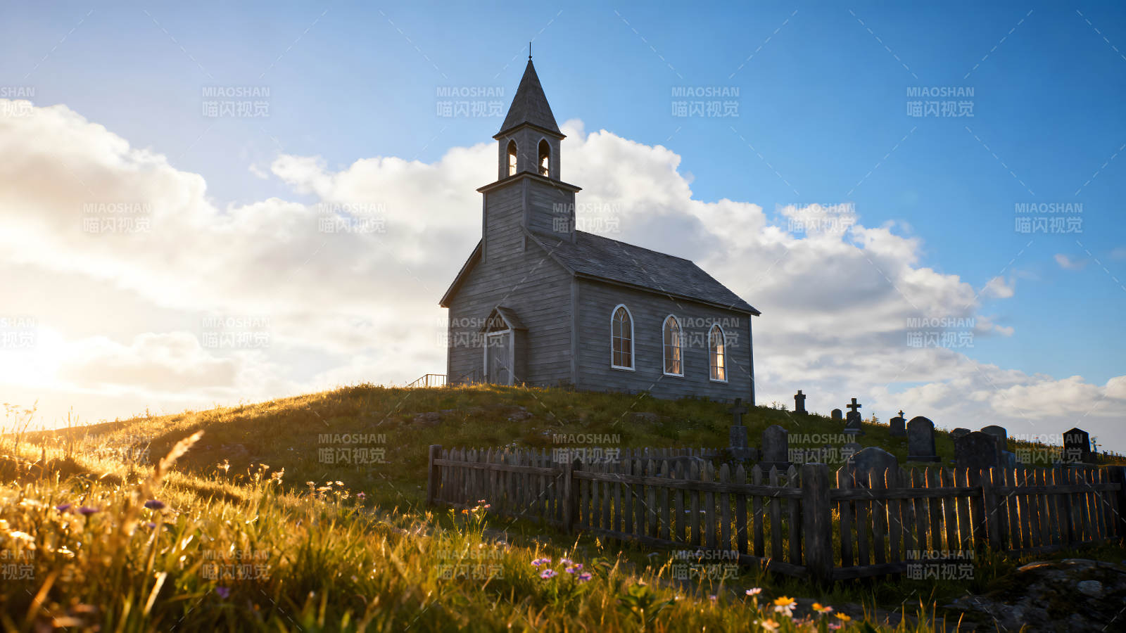 夕阳下山坡上的小教堂图片