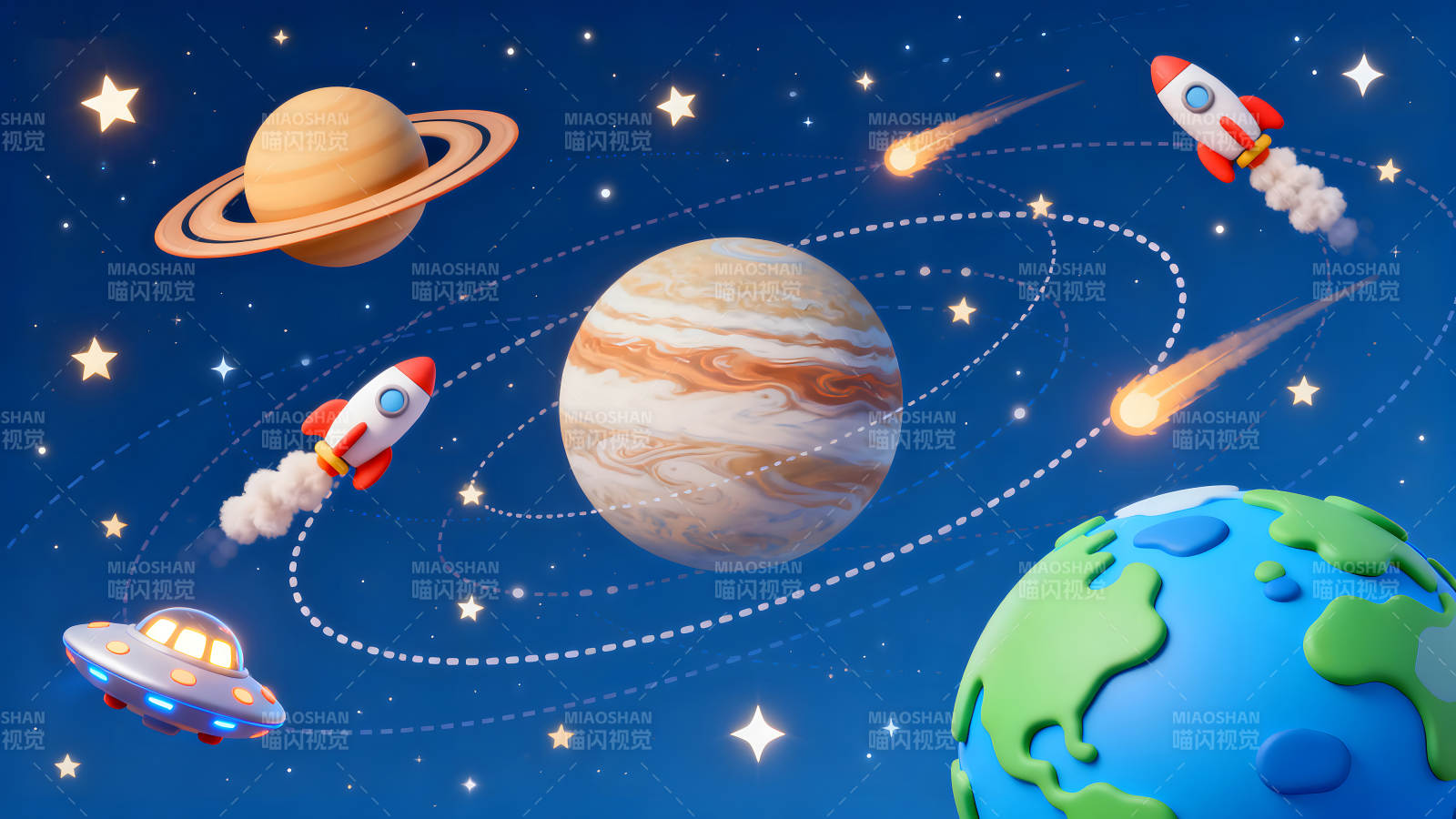 卡通宇宙場(chǎng)景行星火箭星星-圖片