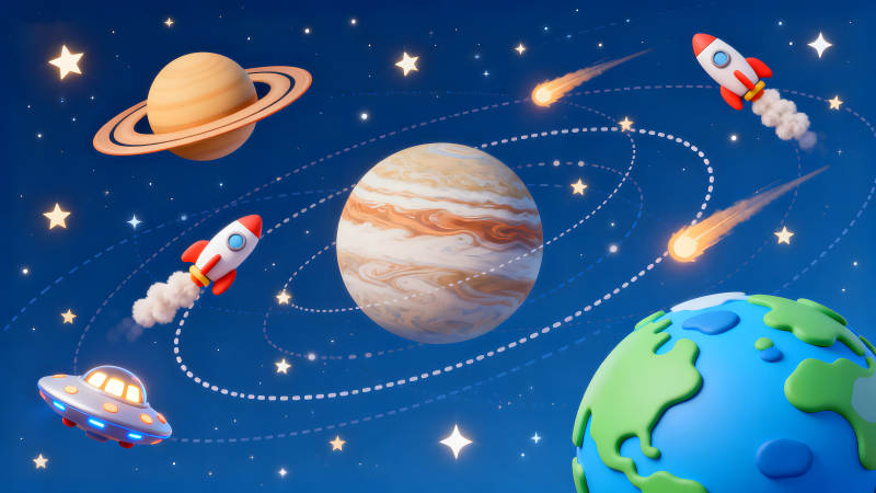 卡通宇宙場景行星火箭星星-圖片