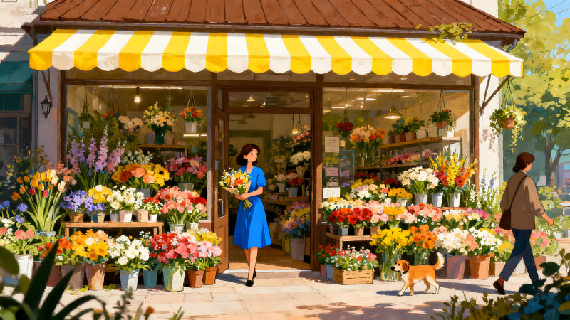 花店门口的女子和狗狗图片