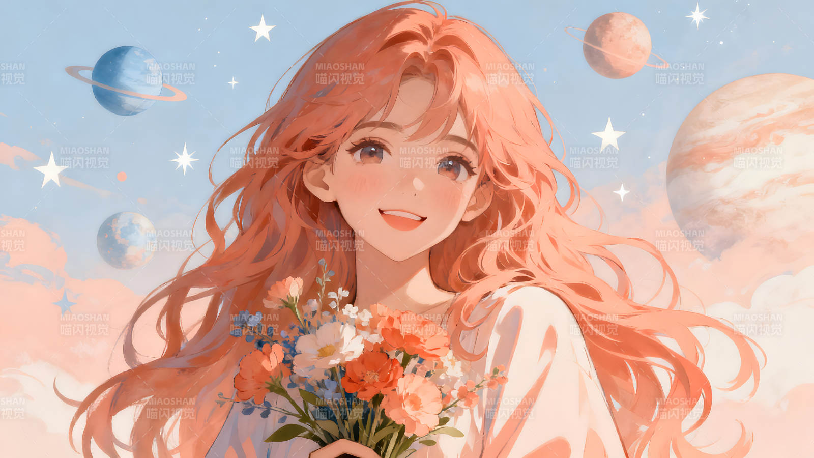 动漫少女手捧鲜花灿烂微笑背景是宇宙图片