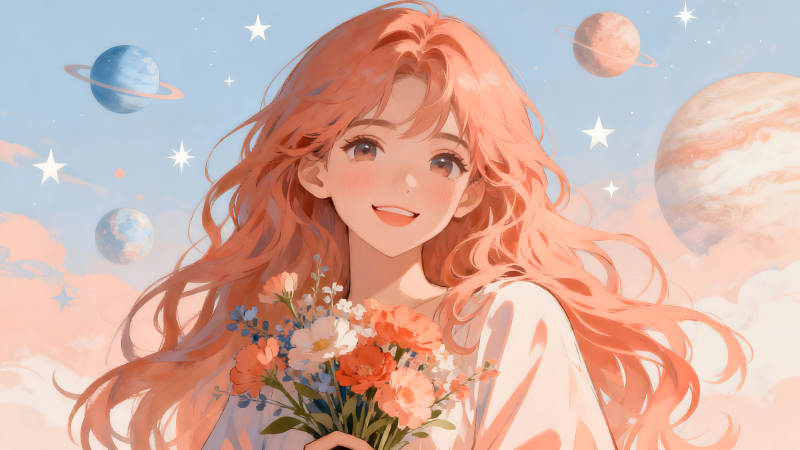 动漫少女手捧鲜花灿烂微笑背景是宇宙-图片