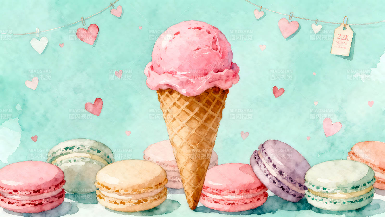 粉色冰淇淋与马卡龙的甜蜜组合图片