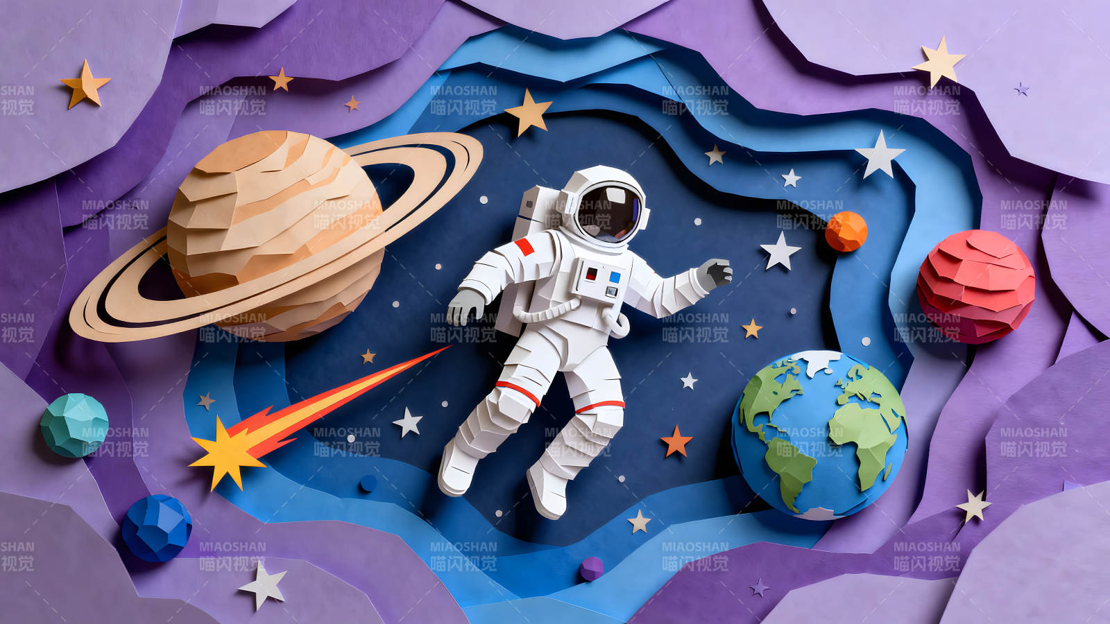 太空纸雕艺术宇航员探索宇宙-图片