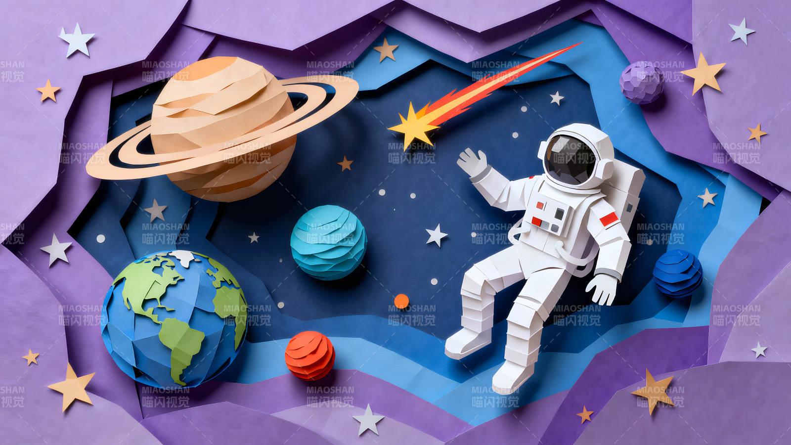 纸雕宇航员探索宇宙-图片