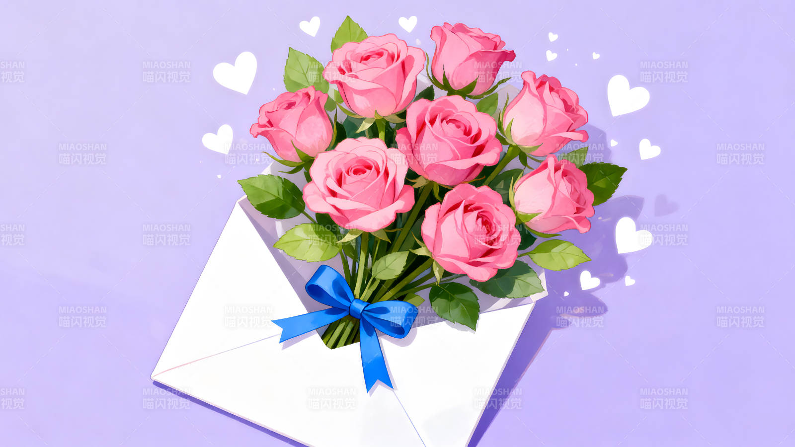 粉色玫瑰花束從信封里綻放圖片