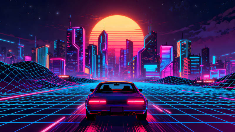 賽博朋克城市夜景與復古跑車-圖片