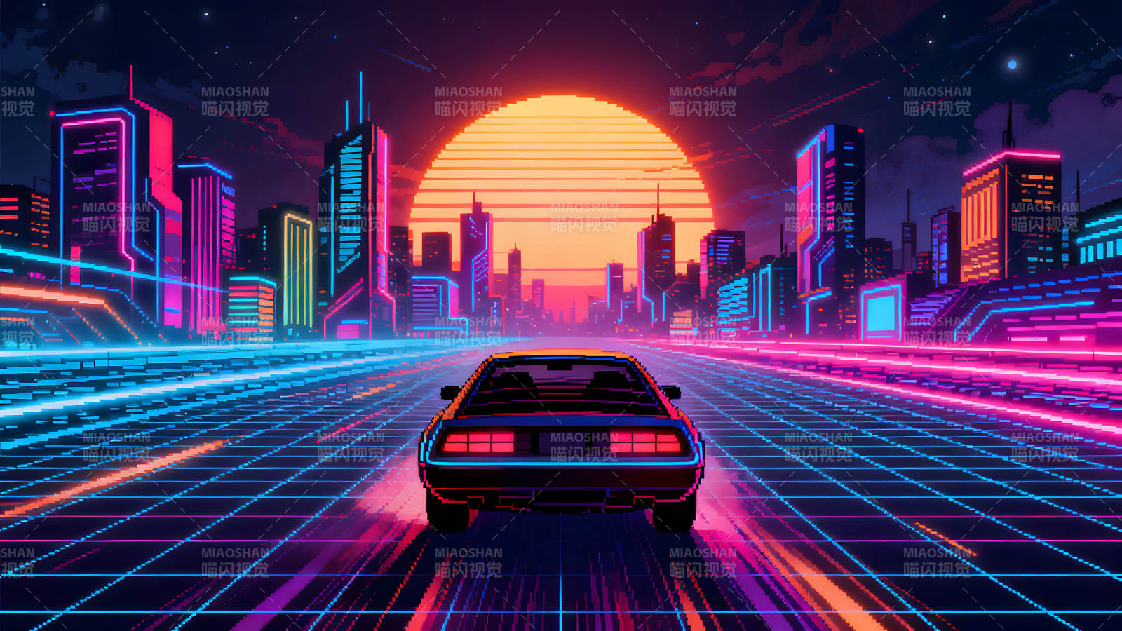 赛博朋克风格汽车行驶于城市道路-图片