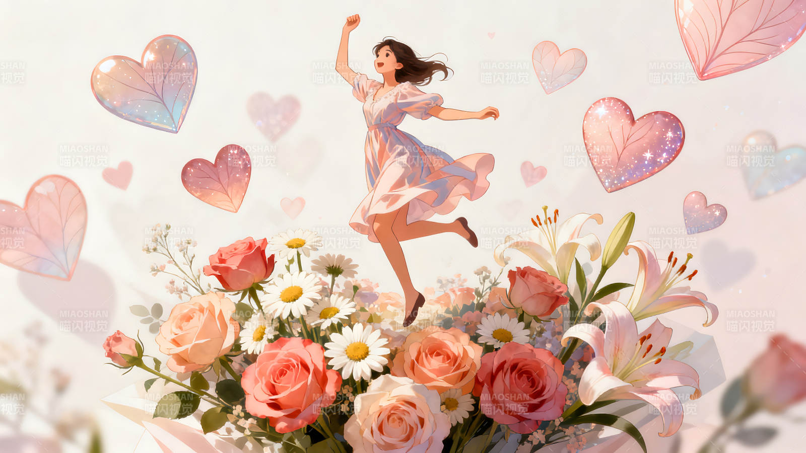 少女和鲜花在空中跳跃浪漫氛围图片