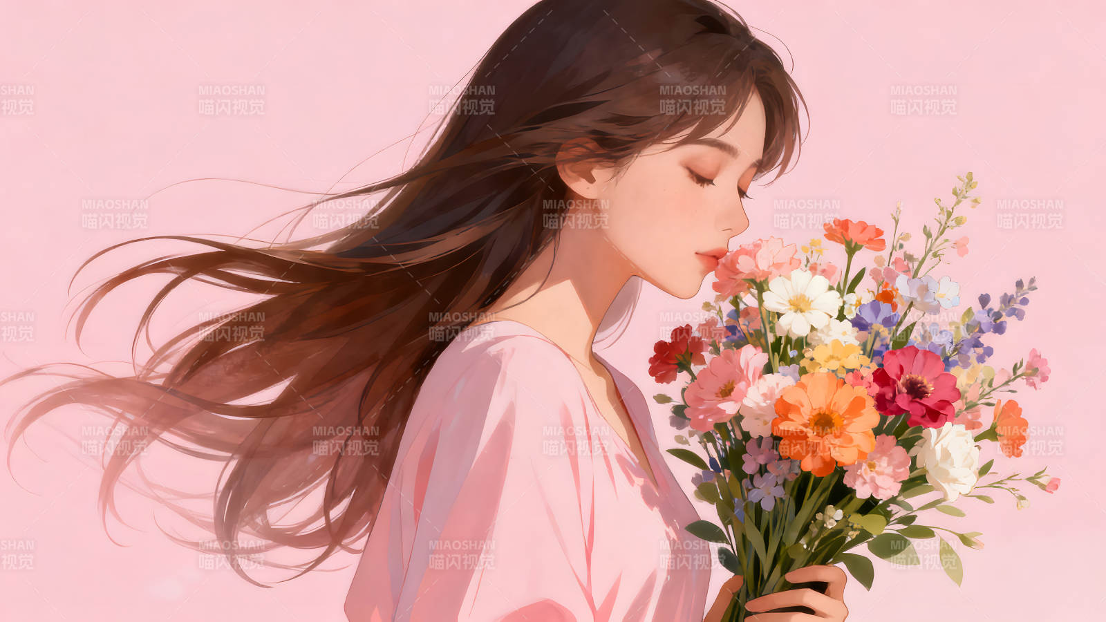 女孩闻花香的唯美插画图片