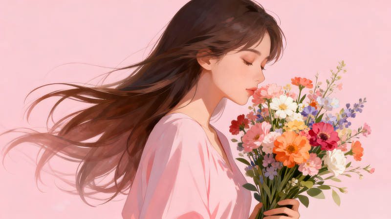 女孩聞花香的唯美插畫-圖片