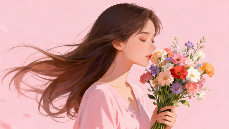 女子聞花香姿態優美-圖片