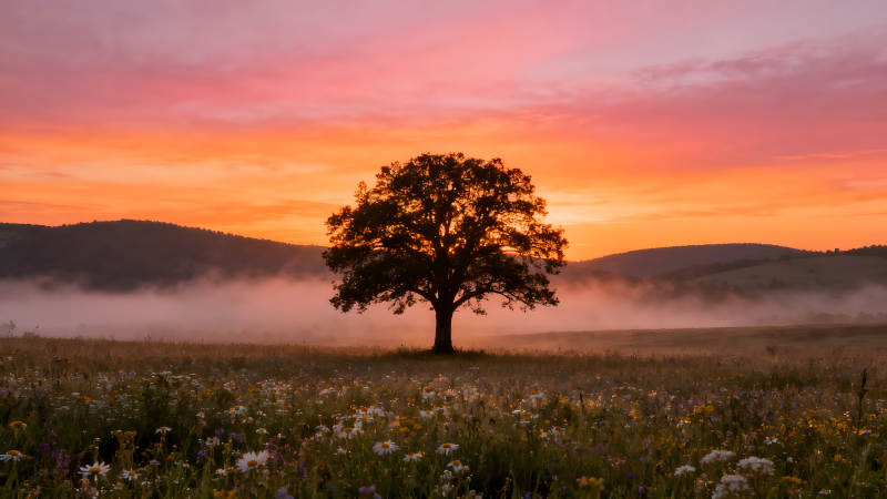 日出樹木田野美景-圖片