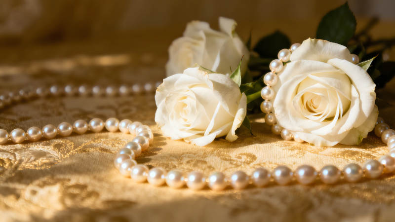 白玫瑰與珍珠項鏈的優雅靜物-圖片