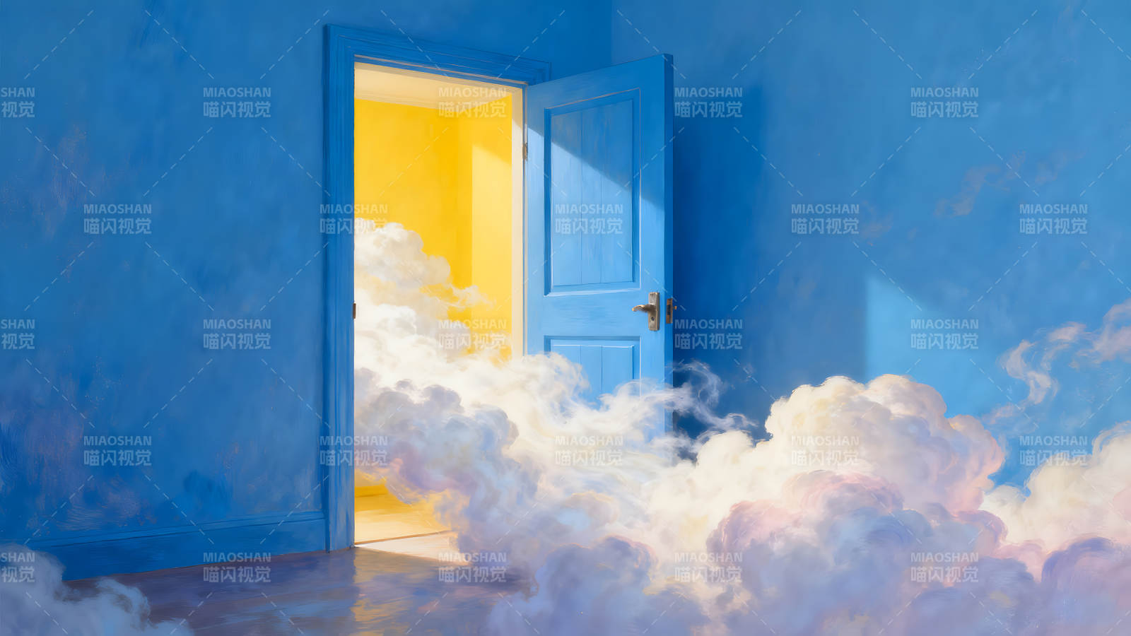 藍色房間里打開的門充滿云彩-圖片