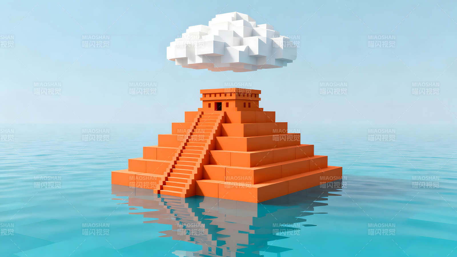 橙色金字塔云朵在水面之上-圖片