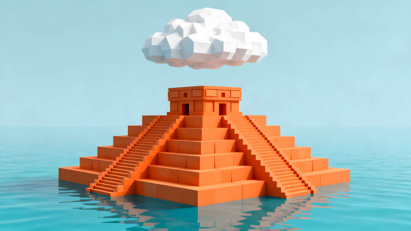 橙色金字塔漂浮海面云朵悬浮-图片