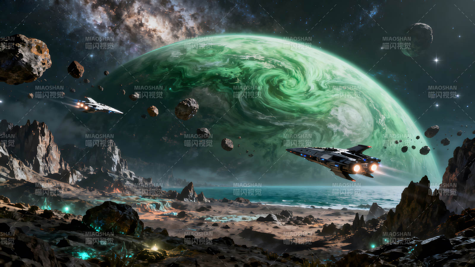 星空下的科幻星球景观-图片