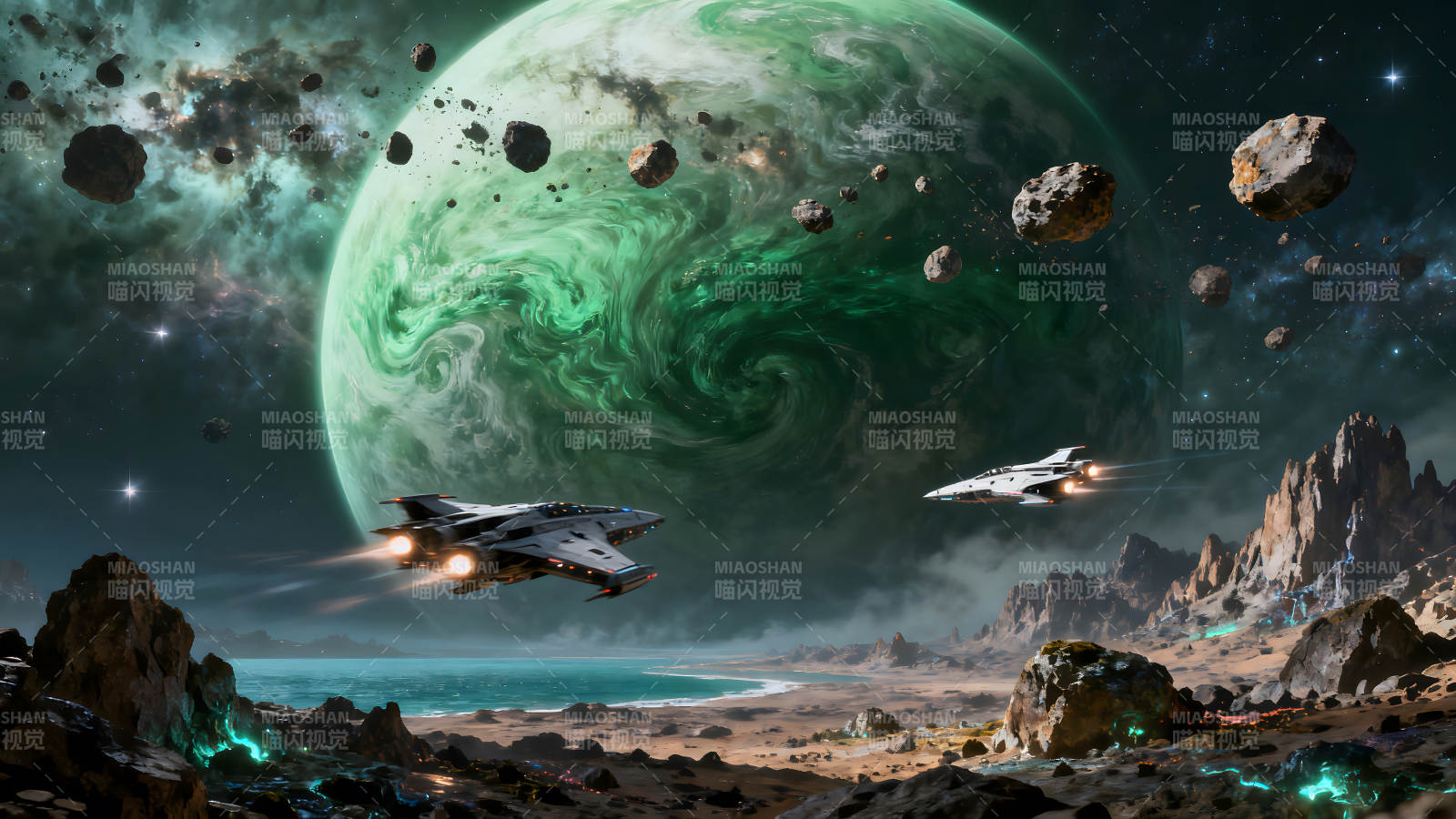 星际飞船穿梭于异星球-图片