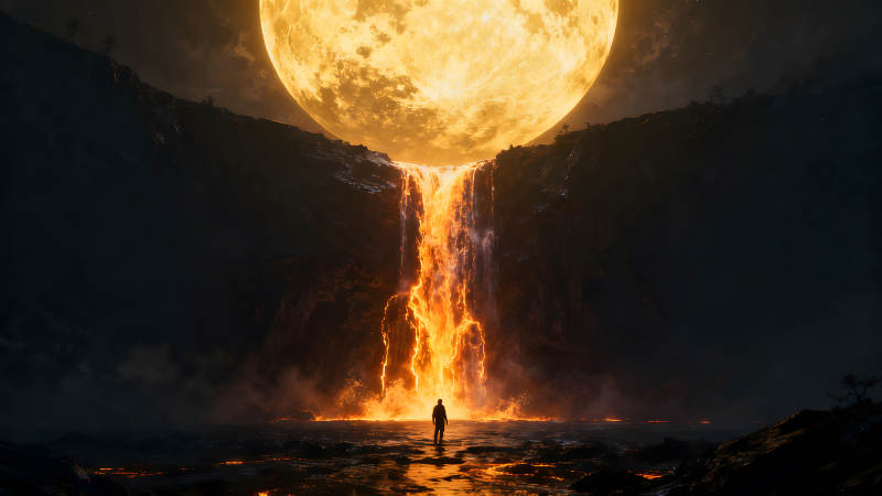 月亮瀑布下的孤獨之人-圖片