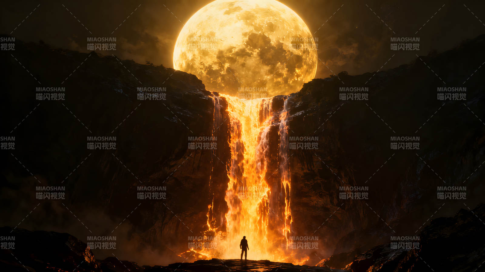 熔巖瀑布奇景月亮下的孤獨旅人-圖片