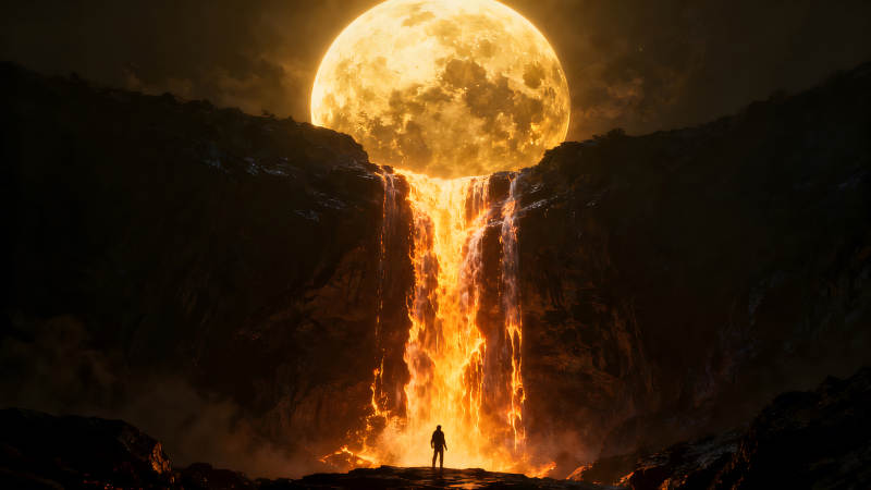 熔巖瀑布奇景月亮下的孤獨旅人-圖片