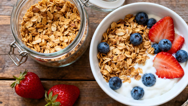 早餐碗盛满酸奶草莓蓝莓和麦片-图片