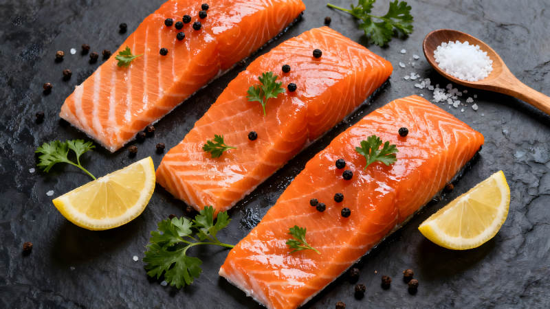 鲜美三文鱼与配料特写-图片