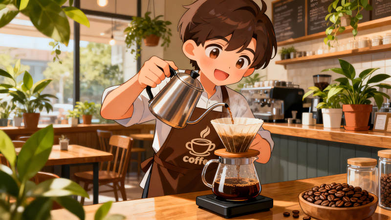 咖啡师冲泡咖啡的温馨场景-图片