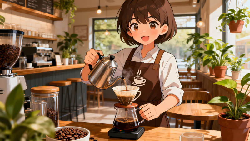 咖啡店女孩冲泡咖啡的场景-图片