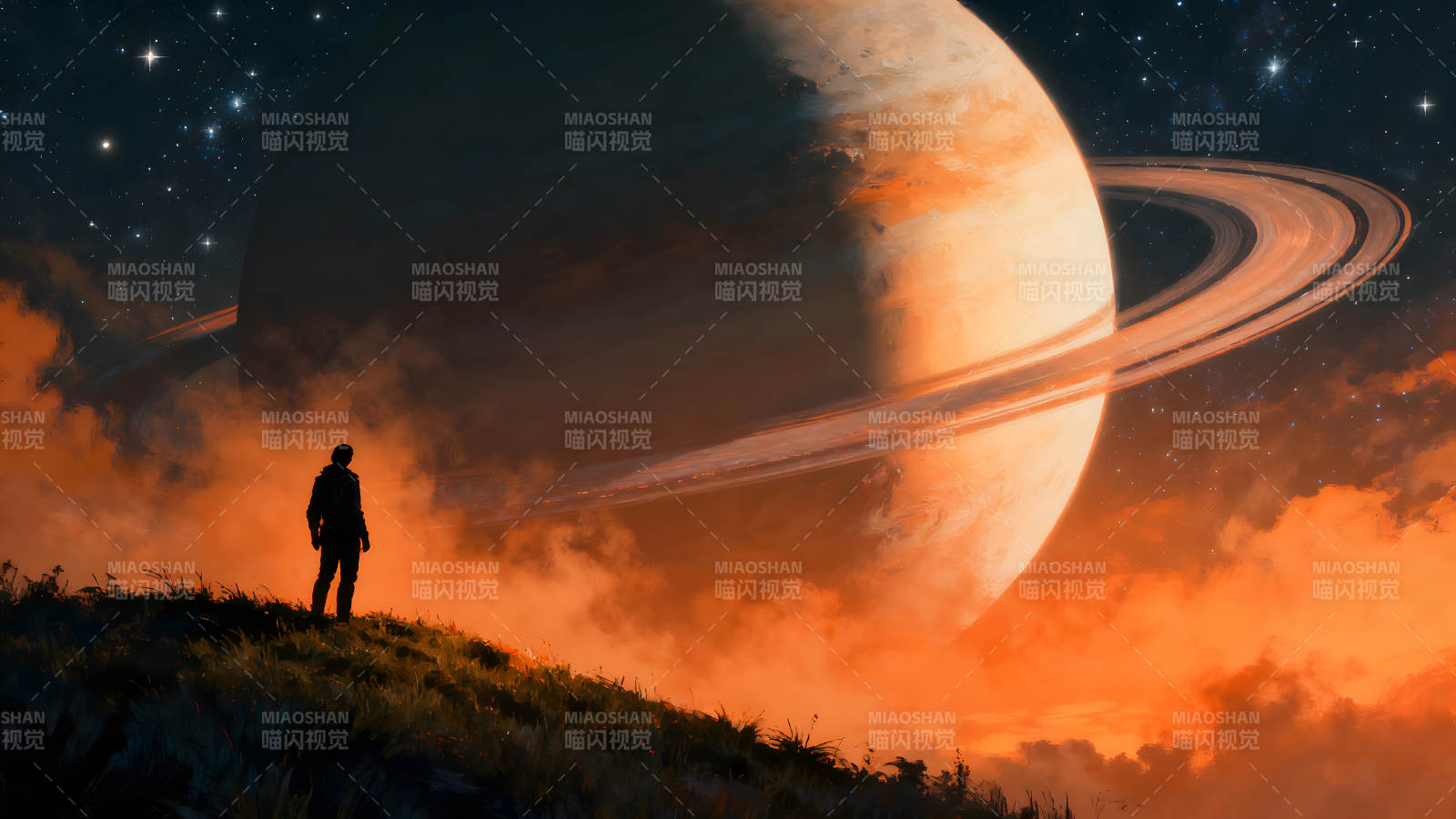 星空下的人眺望巨大的行星-图片