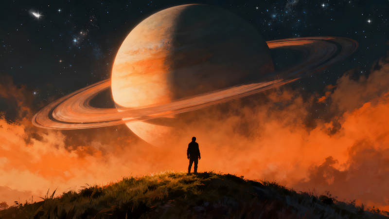 星际探索孤独旅人凝视行星环绕-图片