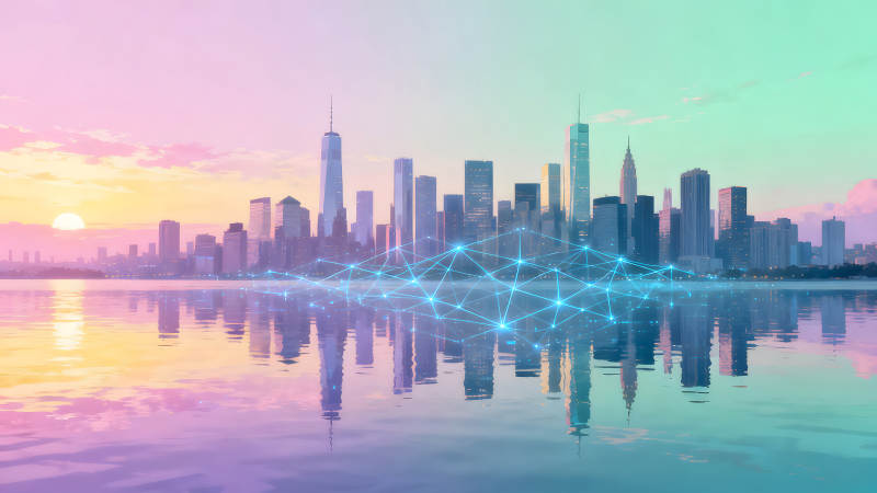 城市天际线倒影与科技网络图片