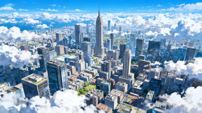 城市云層環繞的動漫風格景象-圖片