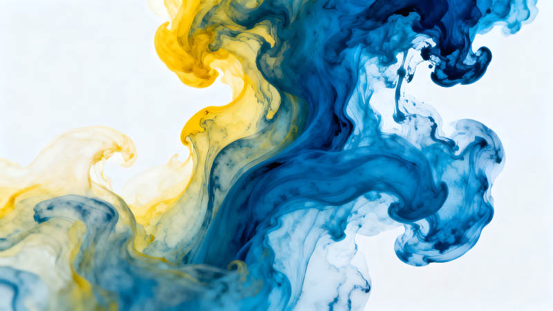 黄色蓝色烟雾在白色背景中流动-图片