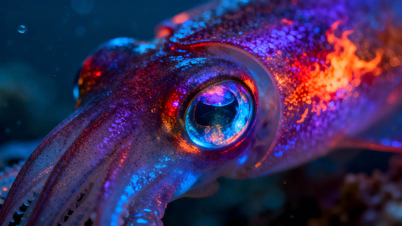 深海魷魚特寫炫彩光芒夢幻-圖片