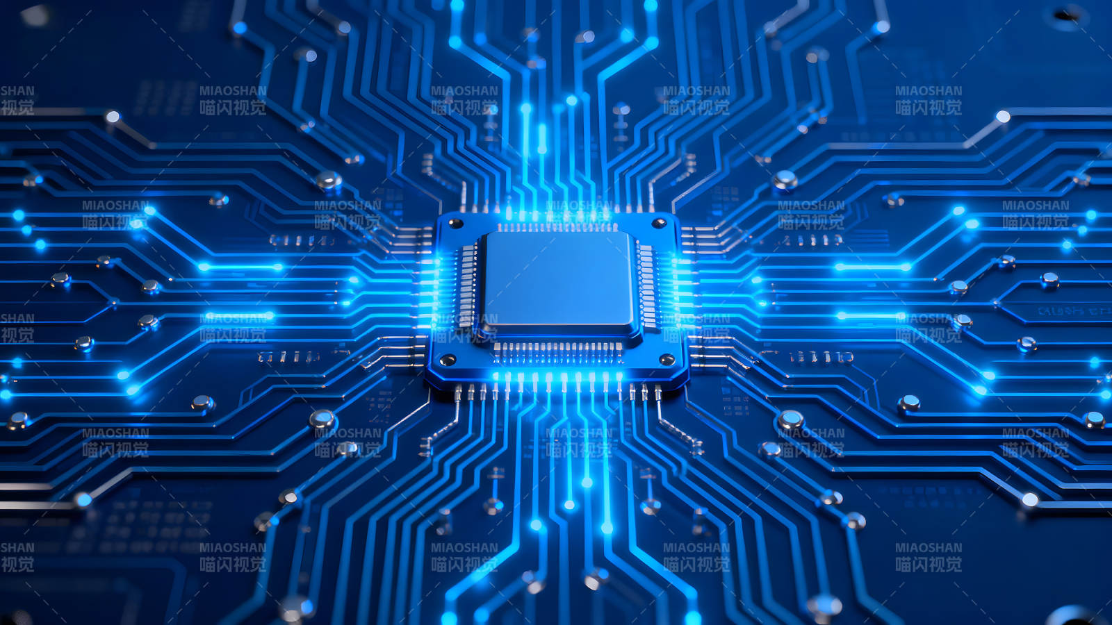 电路板特写蓝色发光-图片