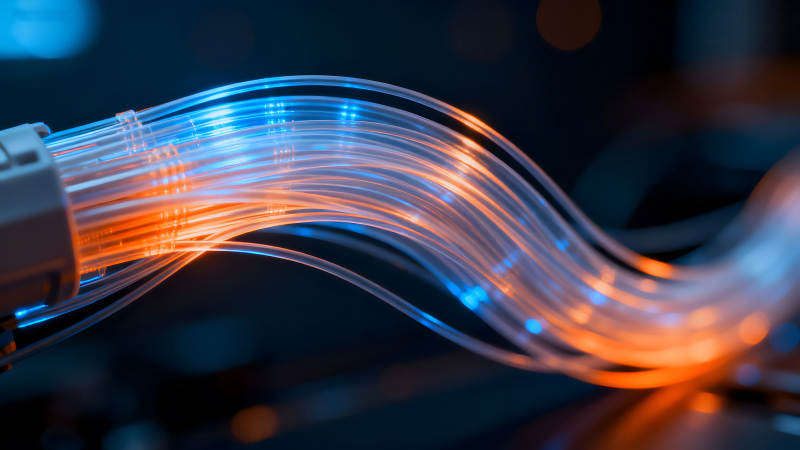 光纤传输数据蓝橙光线交织科技感-图片