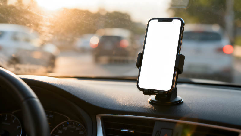 车内手机支架显示屏背景是道路风景-图片