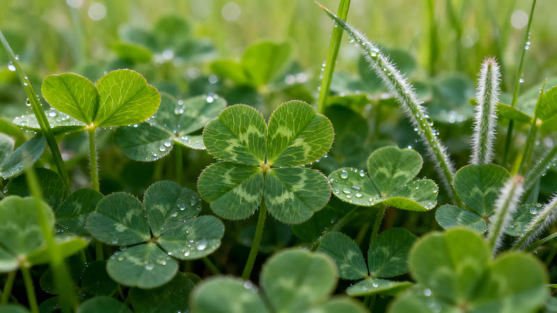 雨水打湿的四叶草生长在草地上-图片