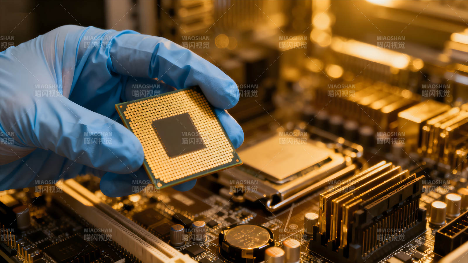 手持CPU芯片和主板特寫圖片