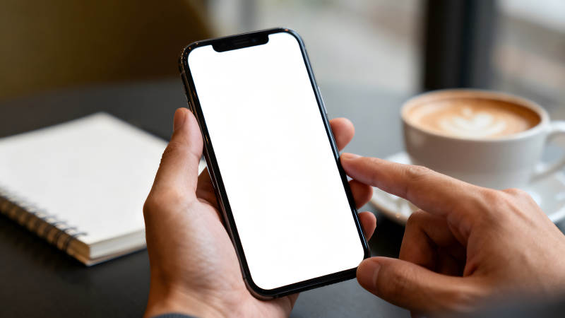 手持手机查看屏幕咖啡笔记本-图片