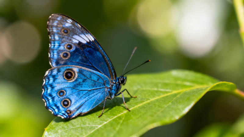 蓝色的蝴蝶停留在绿叶上-图片