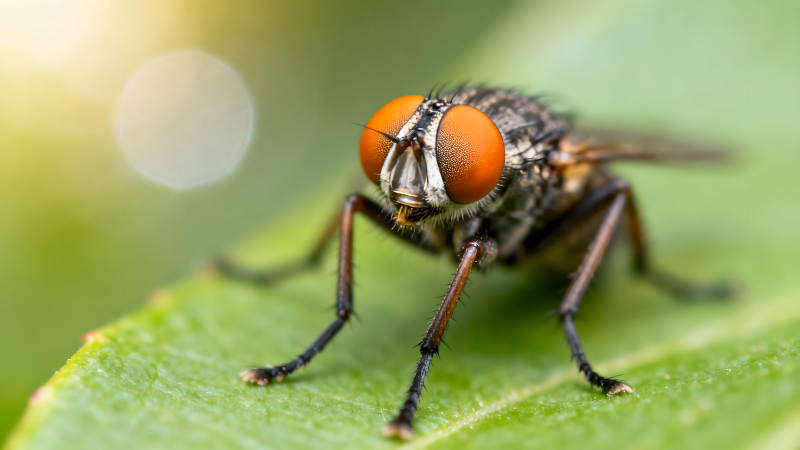 苍蝇特写照片翠绿叶片图片