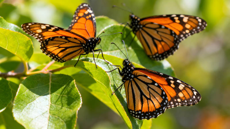 三只橙色蝴蝶在绿叶上栖息-图片