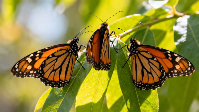 三只帝王蝶棲息在綠葉上圖片